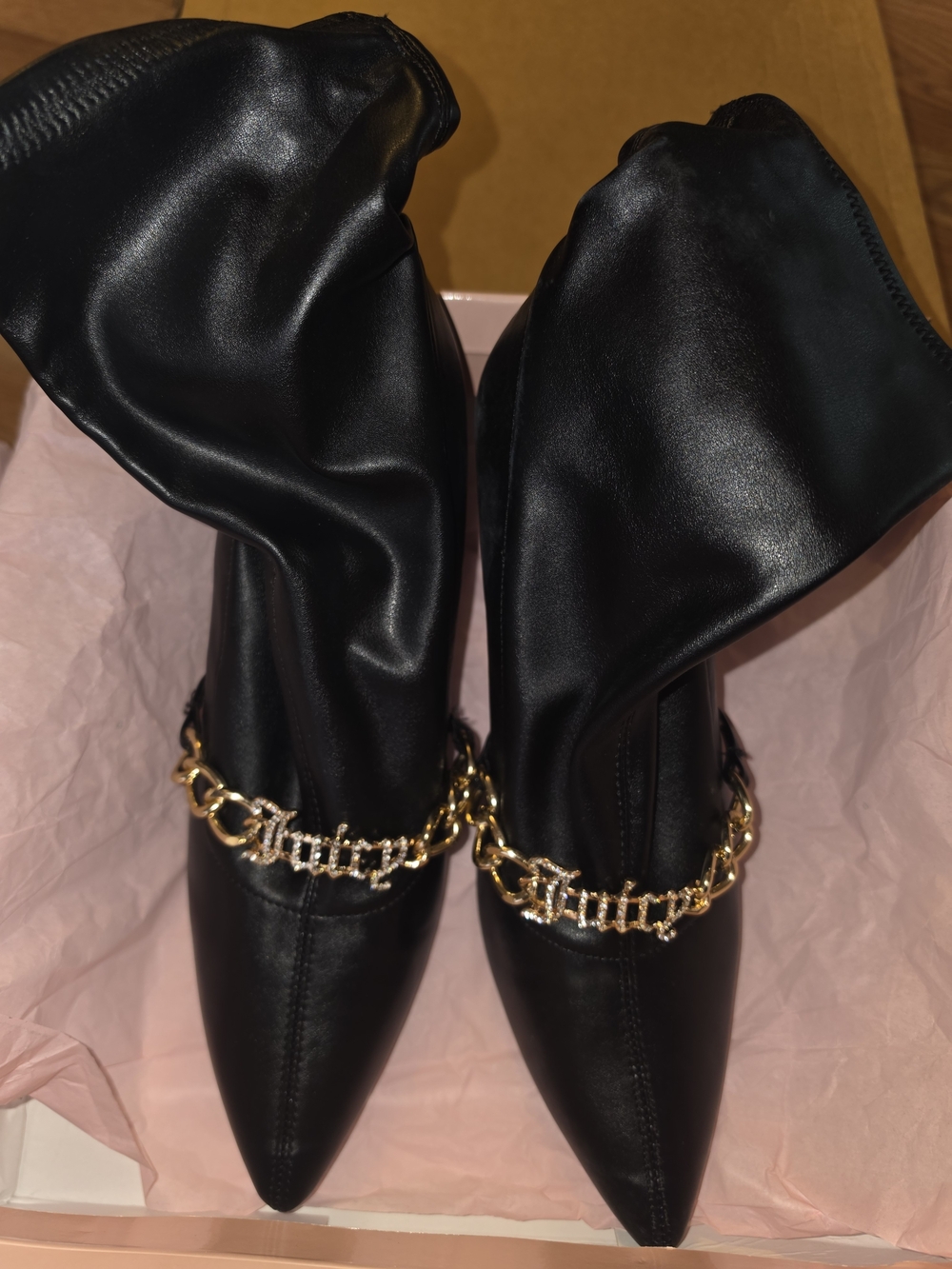 Juicy Couture Black Pointed Heeled Boots with Gold Chain Logo